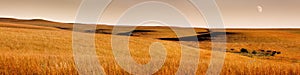 Beautiful Panoramic Scene of Golden Sunrise Kansas Tallgrass Prairie Preserve