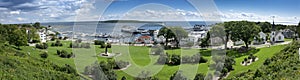 Beautiful Panoramic Scene of Mackinac Island Michigan and State Harbor Marina