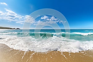 Beautiful panoramic seascape with surf waves against a blue sunny sky with clouds. Generative AI.
