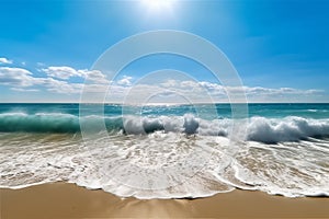 Beautiful panoramic seascape with surf waves against a blue sunny sky with clouds. Generative AI.