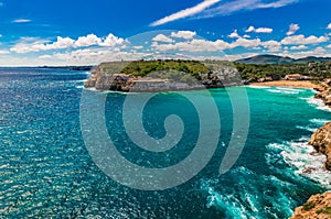 Beautiful panoramic seaside view of Cala Romantica beach on Mallorca island