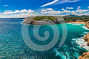 Beautiful panoramic seaside view of Cala Romantica beach on Mallorca island photo