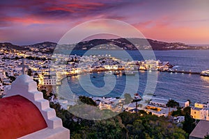 Beautiful, panoramic summer evening view of the town of Mykonos island