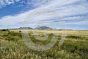 Beautiful panoramic summer steppe landscape of stone mountains