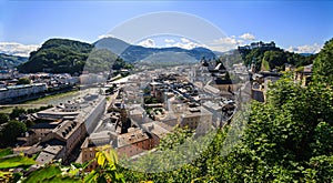 Beautiful panoramic summer view of Salzburg city with Festung Hohensalzburg Castle and Salzach river, Salzburg, Salzburger Land