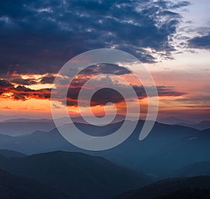 Beautiful panoramic sunset in the mountains landscape.