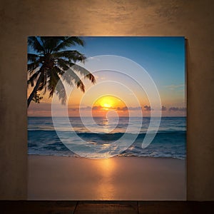 Beautiful panoramic sunset tropical paradise beach. Tranquil summer vacation or holiday landscape. Tropical