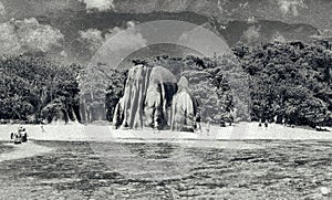 Beautiful panoramic view of Anse Source Argent Beach in La Digue, Seychelles. View from the sea