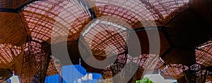 Beautiful panoramic view of architectural woodden structure in a botanical greenhouse in Medellin