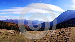 Panoramic view of Baiului and Bucegi mountains in autumn season