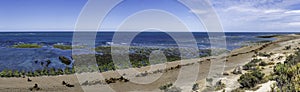Beautiful panoramic view of the beach near Puerto Madryn in Valdes Peninsula in northern Patagonia. Sea Lions and Magellanic photo