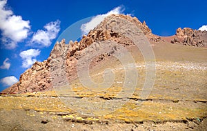 Beautiful Panoramic view of brown red rocky mountain ranges Landscape in arid climate rural Tibet, China