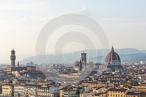 Beautiful panoramic view of the Cathedral of Santa Maria del Fiore and Palazzo Vecchio in Florence, Italy
