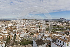 Beautiful panoramic view of the city of Antequera and the PeÃÂ±a de los Enamorados or The Lovers` Rock through photo