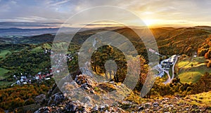 Beautiful Panoramic View of Colourful Fall Forest and Mountains in Vrsatec landscape. Sunset or Sunrise Sky Composite. Slovakia