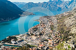 Beautiful  panoramic view of Dobrota Bay in Kotor and Old Town in a sunny day