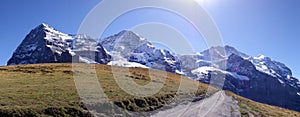 Beautiful panoramic view of Eiger  Monch and Jungfrau Mountains  in Swiss Alps