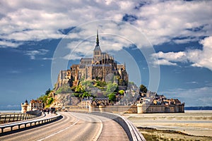 Beautiful panoramic view of famous Le Mont Saint-Michel tidal is