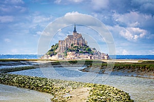 Beautiful panoramic view of famous Le Mont Saint-Michel tidal is