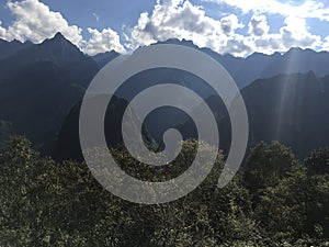 Beautiful panoramic view of famous mountains machu picchu peru, south america. Inca city, peruvian civilization. Green Landscape,