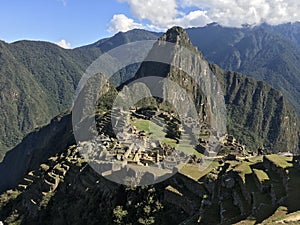 Beautiful panoramic view of famous mountains machu picchu peru, south america. Inca city, peruvian civilization. Green Landscape,