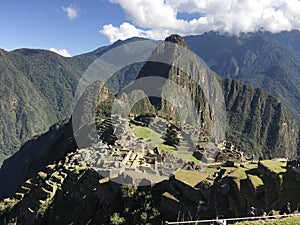 Beautiful panoramic view of famous mountains machu picchu peru, south america. Inca city, peruvian civilization. Green Landscape,