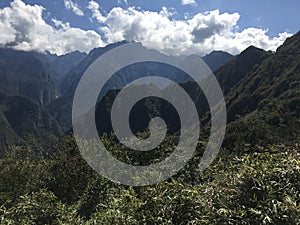 Beautiful panoramic view of famous mountains machu picchu peru, south america. Inca city, peruvian civilization. Green Landscape,