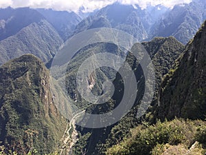 Beautiful panoramic view of famous mountains machu picchu peru, south america. Inca city, peruvian civilization. Green Landscape,