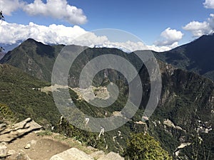 Beautiful panoramic view of famous mountains machu picchu peru, south america. Inca city, peruvian civilization. Green Landscape,