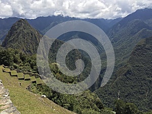 Beautiful panoramic view of famous mountains machu picchu peru, south america. Inca city, peruvian civilization. Green Landscape,