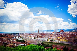 Beautiful panoramic view Florence Firenze, Italian renaissance churches. Summer scenery. Sunny day, blue sky with cumulus clouds.