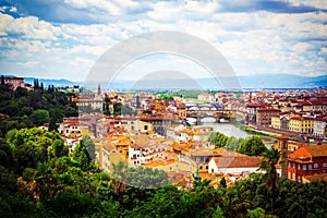 Beautiful panoramic view Florence Firenze, Italian renaissance churches. Summer scenery. Sunny day, blue sky with cumulus clouds.