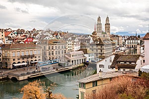 Beautiful panoramic view of historic city center of Zurich with famous Grossmunster Church, Helmhaus and Munsterbucke