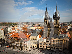 A beautiful romantic city nice blue sky,panoramic view of the hundredths towers of Prague from the Astronomical Clock