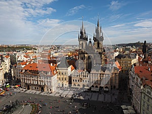 A beautiful romantic city nice blue sky,panoramic view of the hundredths towers of Prague from the Astronomical Clock