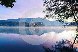 Beautiful panoramic view of lake Bled in the morning from the shore, Slovenia