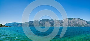 Beautiful panoramic view of Lake Garda. View of Limone Sul Garda resort city, Italy