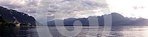 Beautiful panoramic view of Lake Leman  Chillon Castle and French Prealps seen from Montreux City