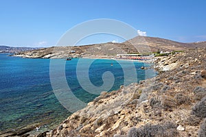 Beautiful panoramic view of Lia beach bay in Mykonos