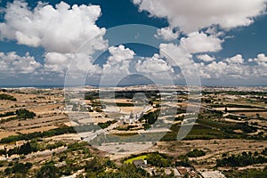 Beautiful panoramic view of Malta island from the top of Bastion Square at Mdina, ancient capital of Malta, fortified medieval