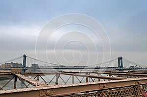 Beautiful Panoramic View of Manhattan Bridge in New York City. Shot Taken From Brooklyn Bridge