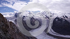 Beautiful panoramic view of Monte Rosa and Gornergletscher in Swiss Alps