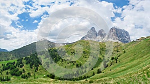 Beautiful panoramic view of mountain Langkofel Sassolungo and mount Col Rodella, Italiy