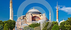 Beautiful panoramic view of old Hagia Sophia, famous great mosque, former Byzantine cathedral, Istanbul, Turkey