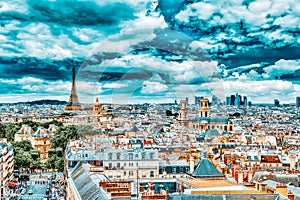 Beautiful panoramic view of Paris from the roof of the Pantheon. View of the Eiffel Tower