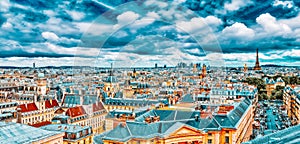 Beautiful panoramic view of Paris from the roof of the Pantheon. View of the Eiffel Tower