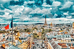 Beautiful panoramic view of Paris from the roof of the Pantheon. View of the Eiffel Tower and flag of France