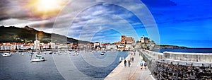 Beautiful panoramic view of the port city of Castro Urdiales, Cantabria. Tourism in coastal towns, northern Spain