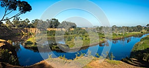 Beautiful panoramic view at Red Cliffs Lookout overlooking Werribee river wetlands on floodplains.