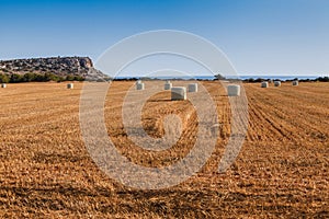 Beautiful panoramic view on straw field with bales on sea coast near of Ayia Napa and Cavo Greco, Cyprus island, Mediterranean Sea